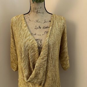 Gold metallic crossover front, short sleeve sweater.